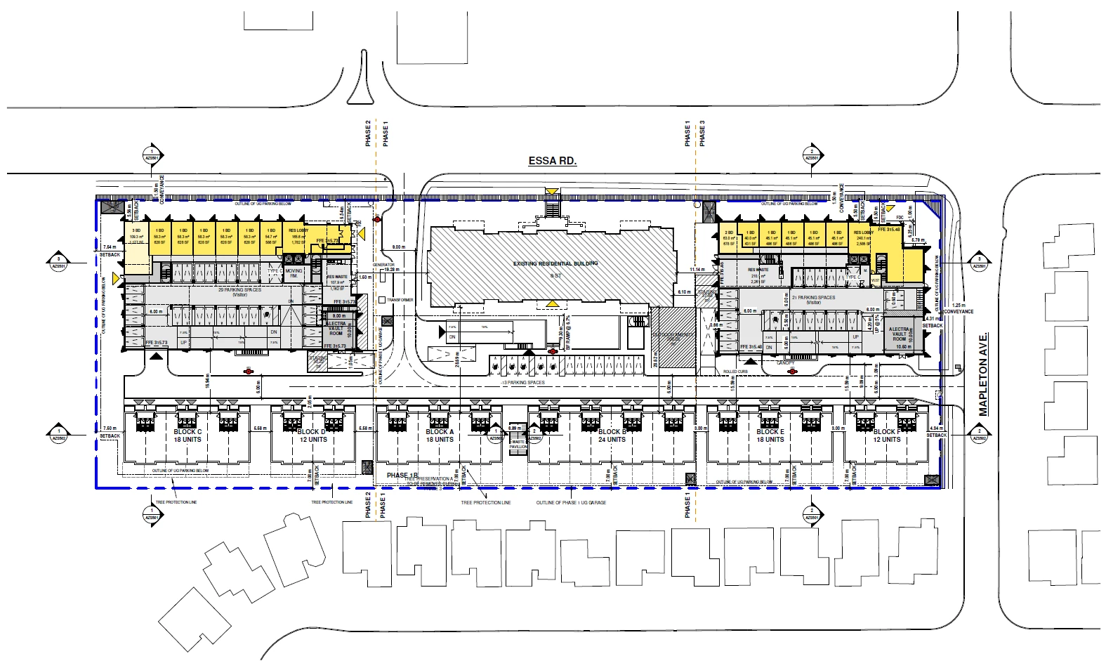Site plan for a phased townhouse and mid-rise development